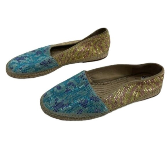Brian Atwood Hartwell rhinestone  blue tan flat espadrilles women’s size 7 - Picture 3 of 15